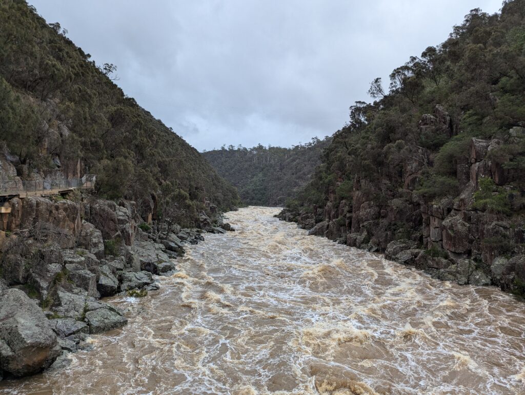 A gorge full with water and surrounding trees