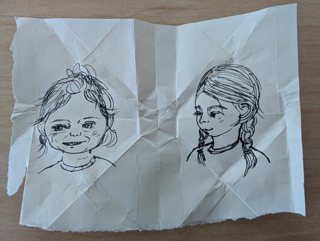 A hand sketched drawing of two girls