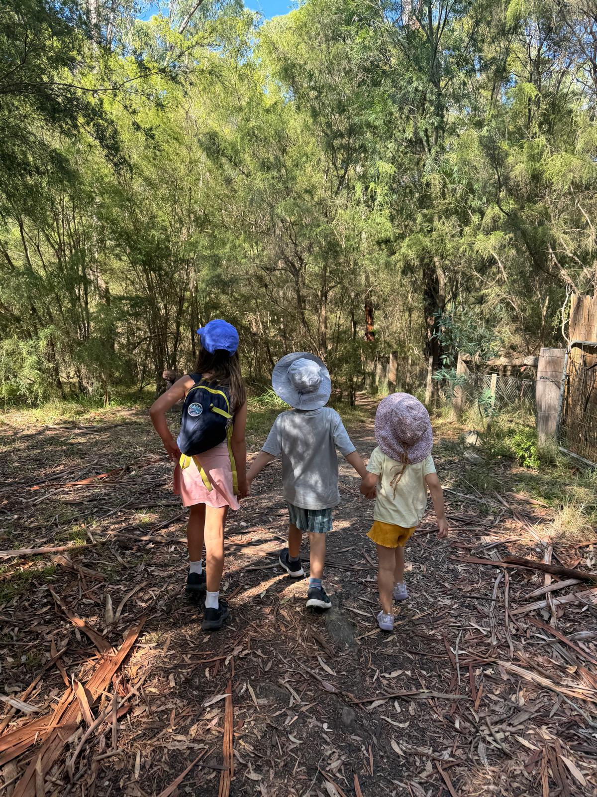 Kids walking in nature together holding hands